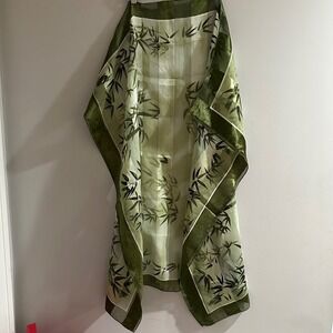 Sheer Bamboo Print Scarf Shawl Wrap Green Silk Blend Elegant